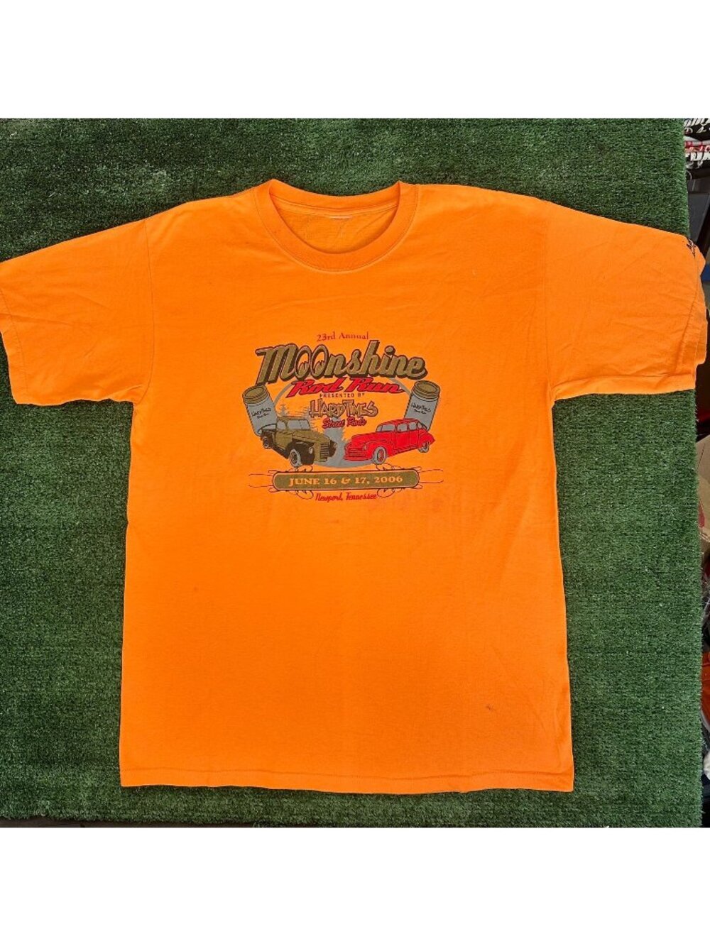 Vintage Y2K Moonshine Rod Run Car Show T-Shirt Orange L Classic Hot Rod 2006